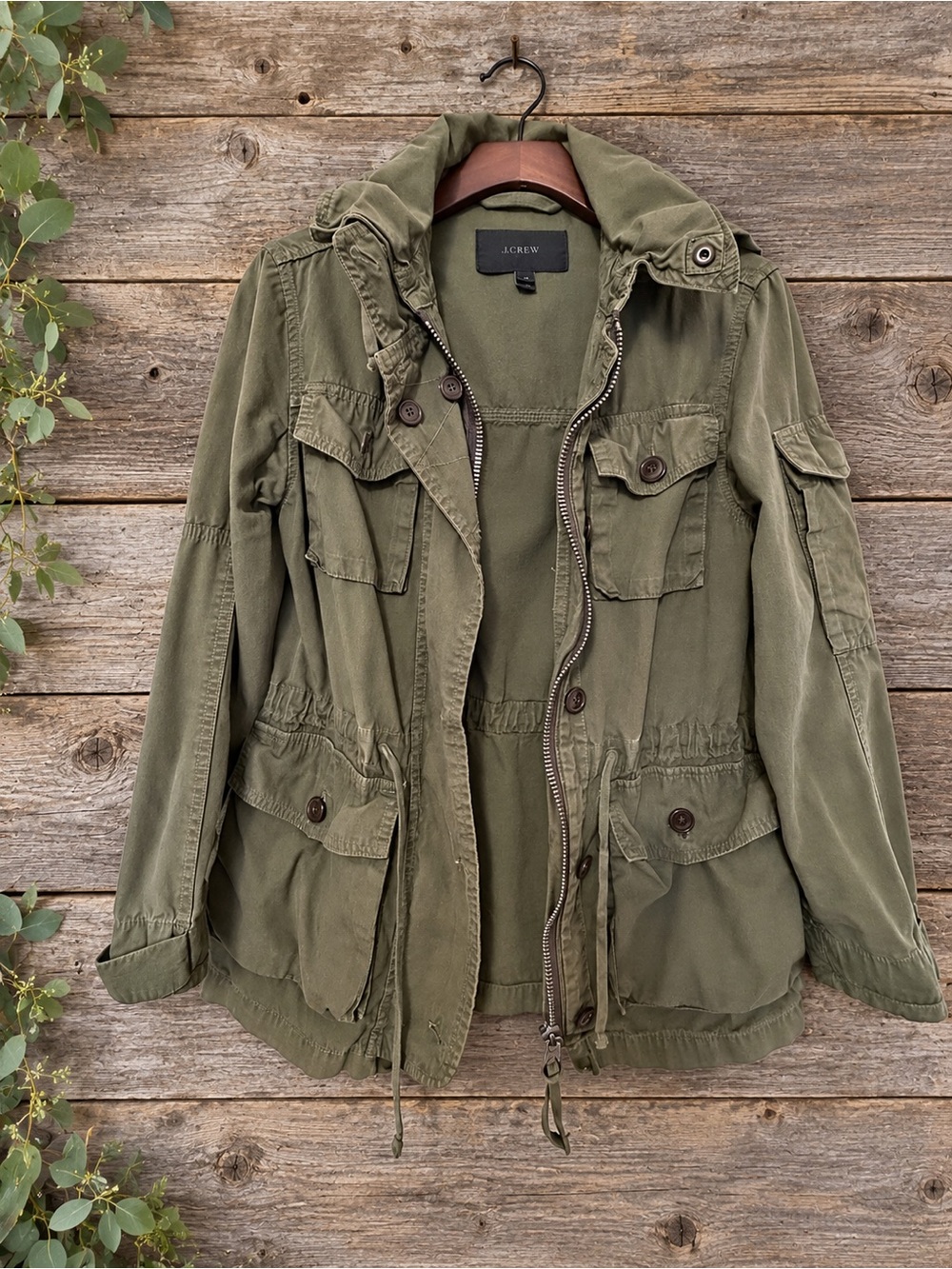 J.Crew Olive Green Cotton Utility Field Jacket XS Stowaway Hood